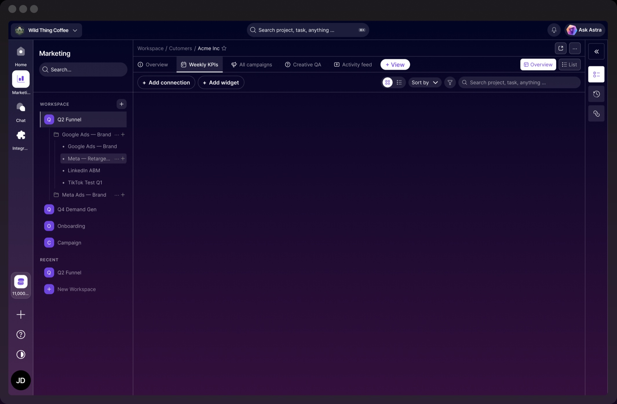 Astra AI marketing workspace with dashboards and business insights