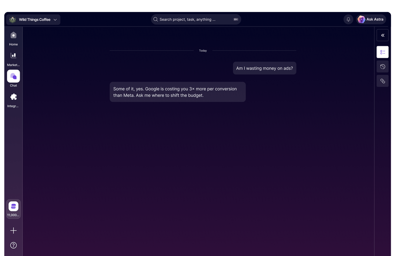 Astra chat interface with Ask Astra business insights